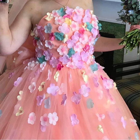 ( DM 1st) Peach Tulle Floral Appliqué Wedding or Quinceañera Gown Size 12-14 - Picture 3 of 16